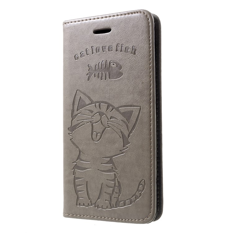 Imprint Cat and Fish Bone PU Leather Wallet Shell for Huawei P30 - Grey-3