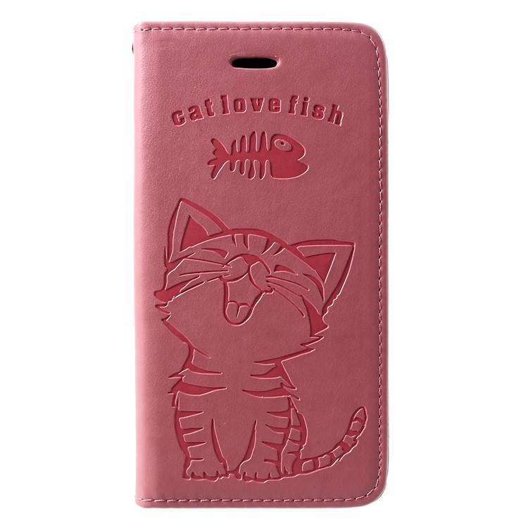 Imprint Cat and Fish Bone PU Leather Wallet Case for Huawei P30 - Pink-1