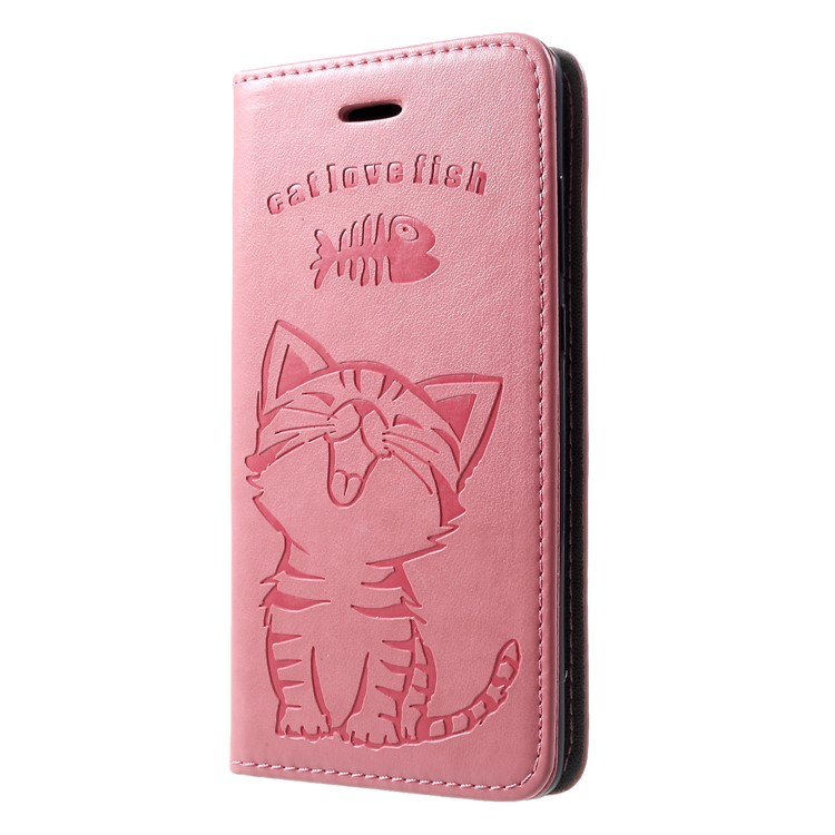 Imprint Cat and Fish Bone PU Leather Wallet Case for Huawei P30 - Pink-3
