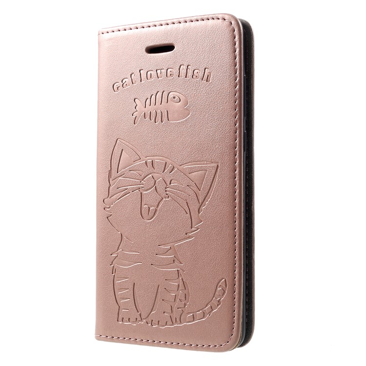 Imprint Cat and Fish Bone PU Leather Protection Phone Cover for Huawei P30 - Rose Gold-3