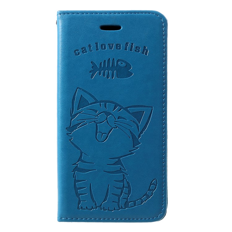 Imprint Cat and Fish Bone PU Leather Protection Phone Case for Huawei P30 - Baby Blue-1