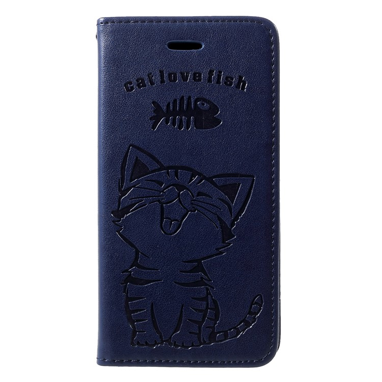 Imprint Cat and Fish Bone PU Leather Mobile Cover for Huawei P30 - Dark Blue-1