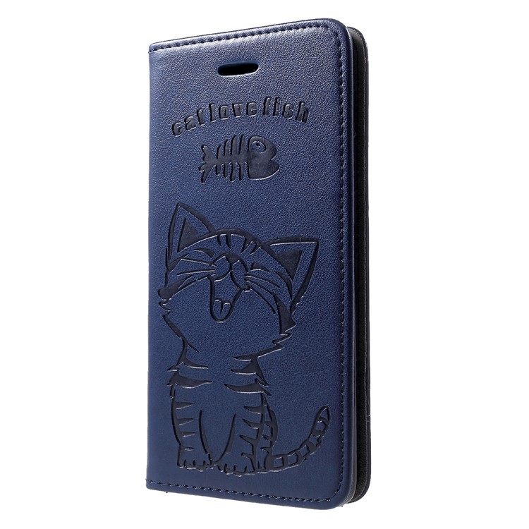 Imprint Cat and Fish Bone PU Leather Mobile Cover for Huawei P30 - Dark Blue-3
