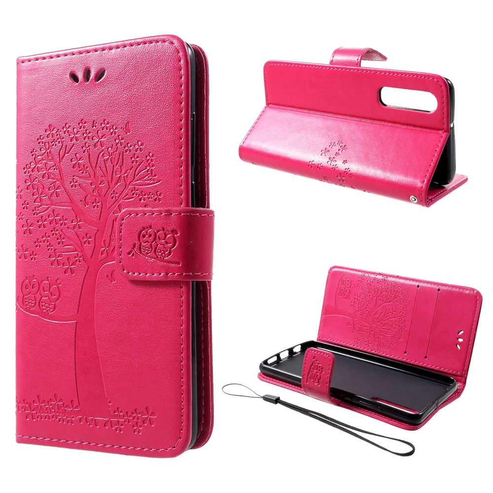 Imprint Tree Owl Pattern PU Leather Magnetic Case for Huawei P30 - Rose-1