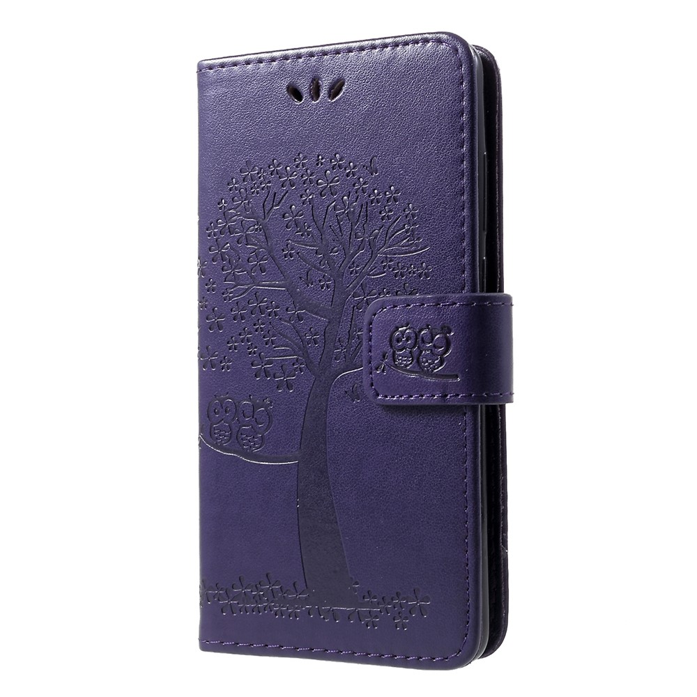 Imprint Tree Owl Pattern PU Leather Card Holder Mobile Case for Huawei P30 - Dark Purple-3