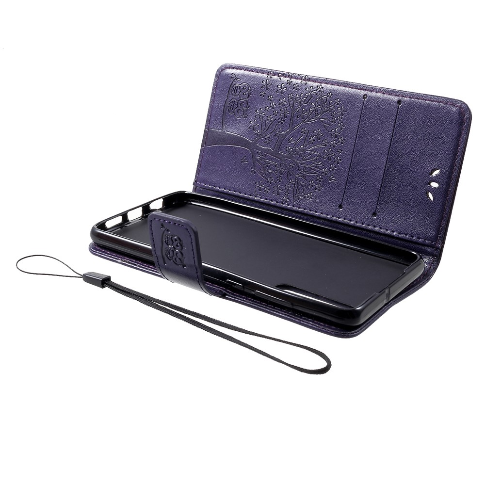 Imprint Tree Owl Pattern PU Leather Card Holder Mobile Case for Huawei P30 - Dark Purple-5