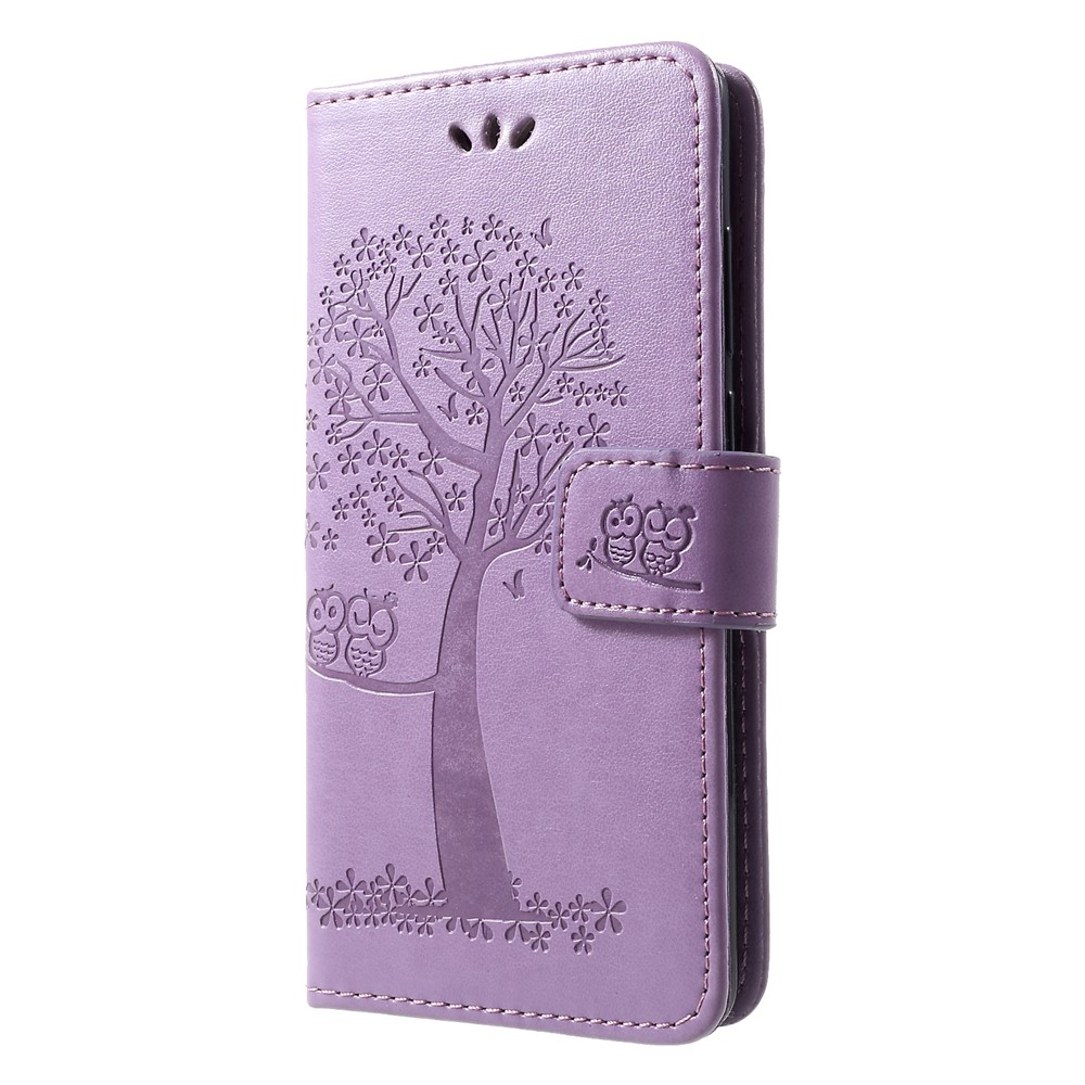 Imprint Tree Owl Pattern PU Leather Card Holder Mobile Cover Shell for Huawei P30 - Light Purple-3