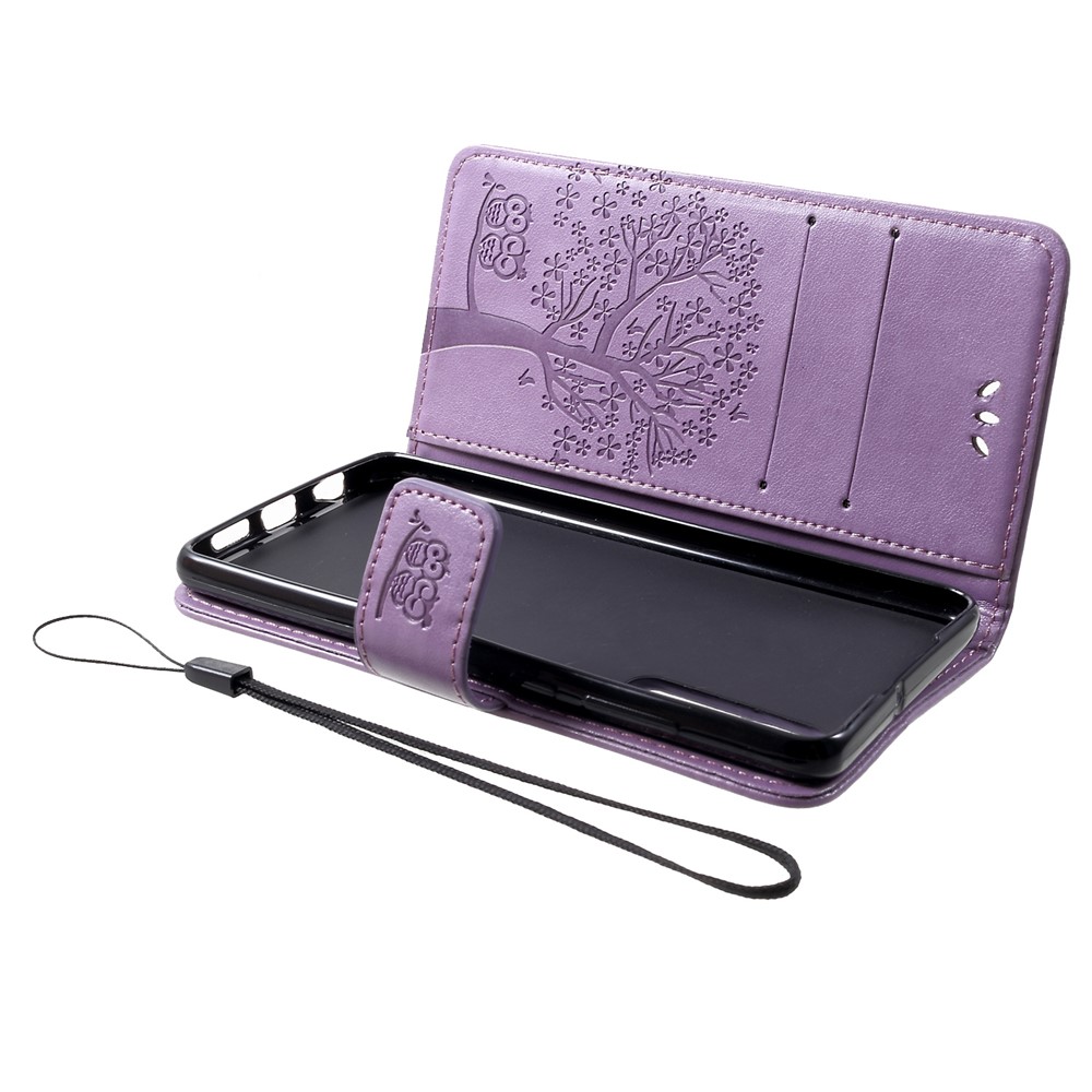 Imprint Tree Owl Pattern PU Leather Card Holder Mobile Cover Shell for Huawei P30 - Light Purple-5