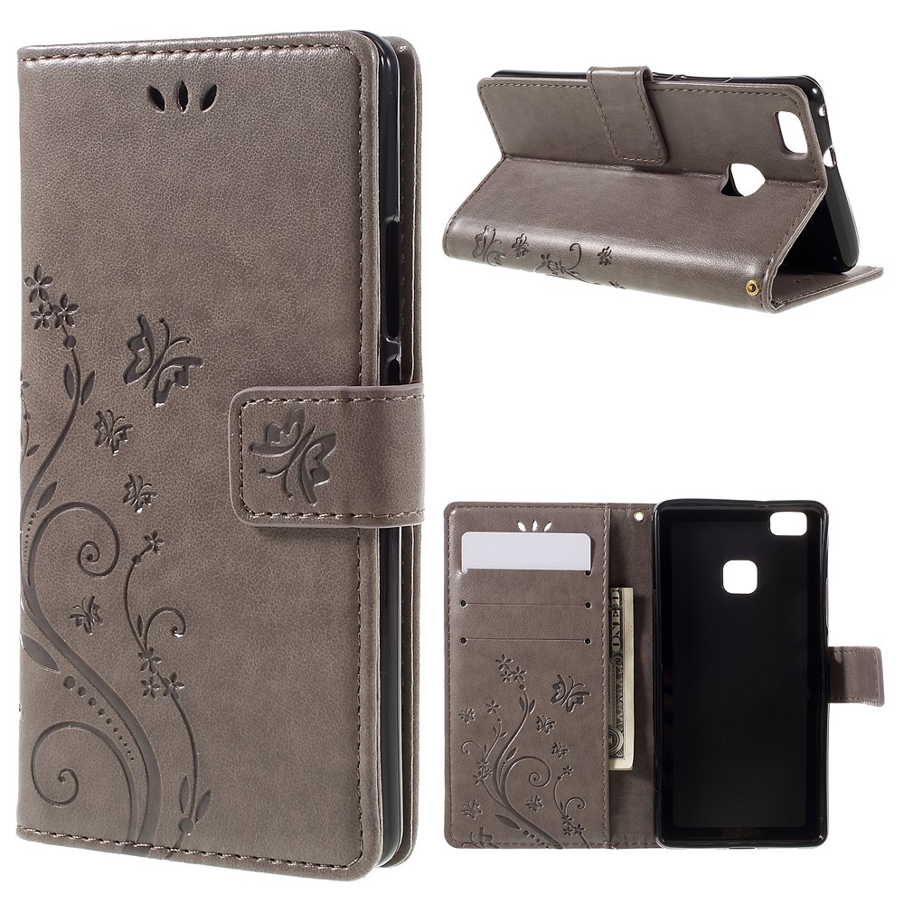 Butterfly Wallet Stand Leather Cover for Huawei P9 Lite - Grey-1