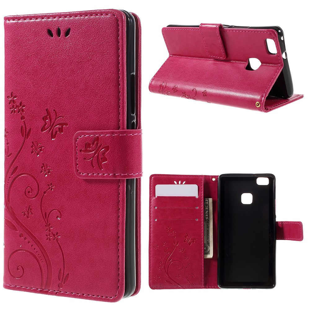 Butterfly Wallet Stand Leather Shell for Huawei P9 Lite - Rose-1