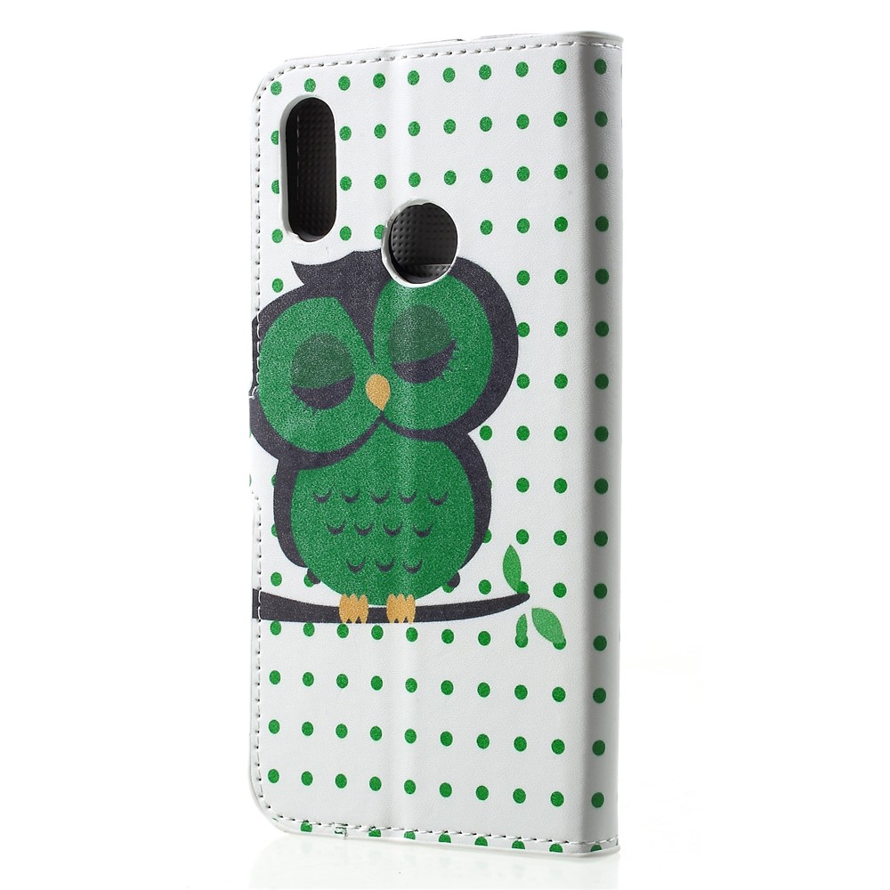 Patterned Card Holder Stand Leather Mobile Case for Huawei Honor 10 Lite/P Smart (2019) - Green Owl-2