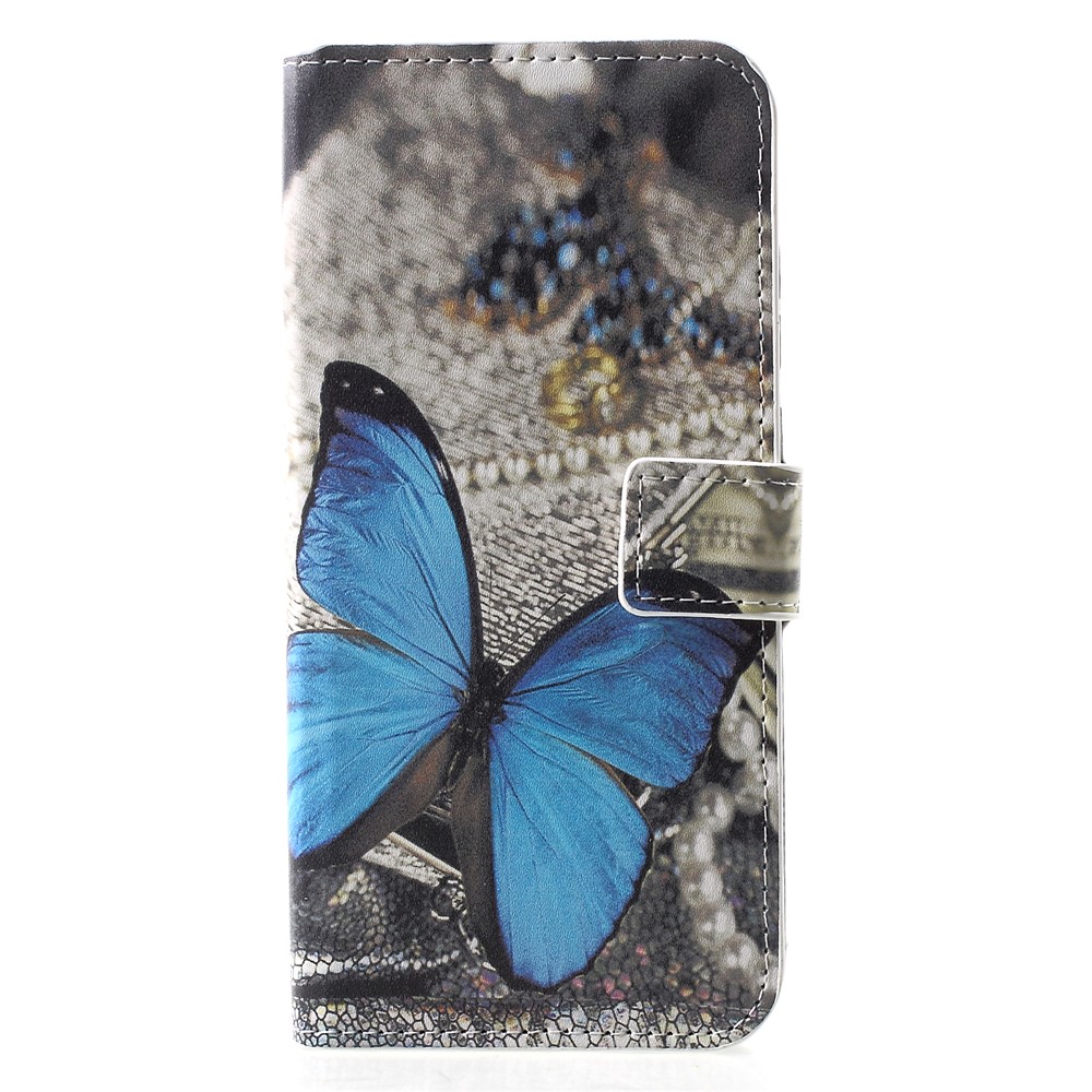 Cubierta de Teléfonos Celulares de Cuero Para Soporte de Tarjetas Estampadas Para Huawei Honor 10 Lite/P Smart (2019) - Mariposa Azul