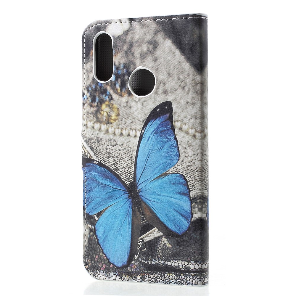 Support de Carte à Motifs Stand en Cuir Couverture de Téléphone Portable Pour Huawei Honor 10 Lite / p Smart (2019) - Papillon Bleu