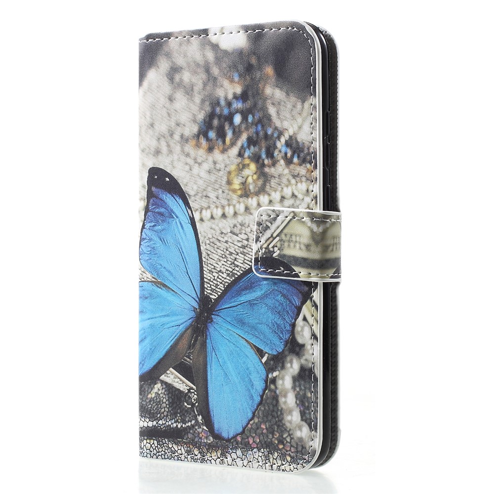 Support de Carte à Motifs Stand en Cuir Couverture de Téléphone Portable Pour Huawei Honor 10 Lite / p Smart (2019) - Papillon Bleu