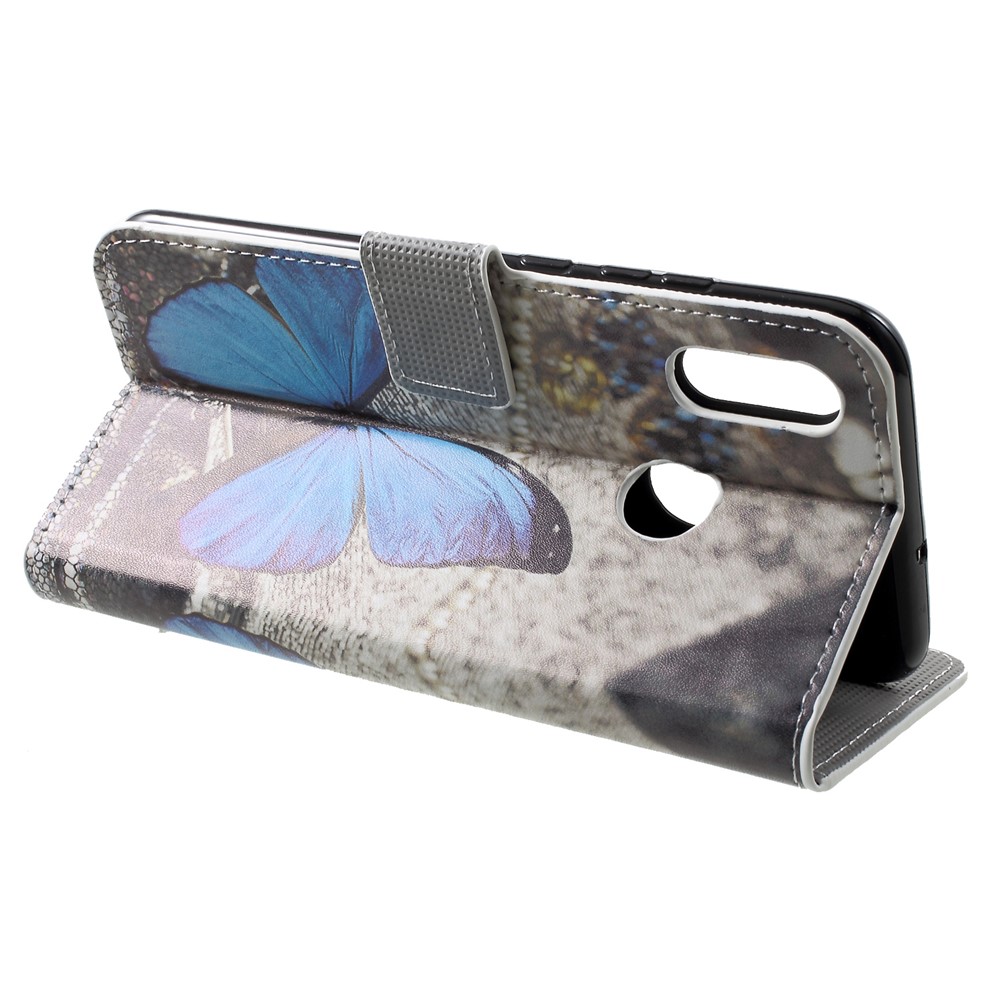 Support de Carte à Motifs Stand en Cuir Couverture de Téléphone Portable Pour Huawei Honor 10 Lite / p Smart (2019) - Papillon Bleu