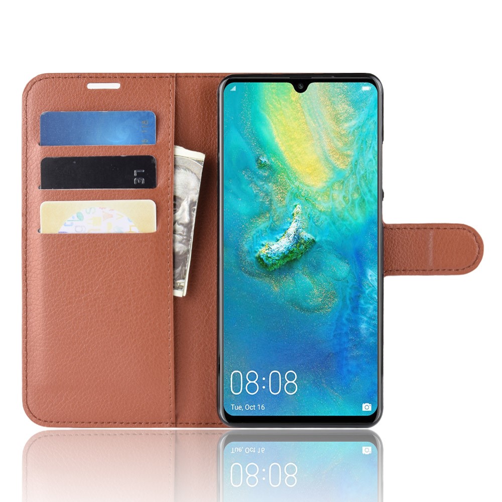 Litchi Textur Wallet Leder -mobiltelefonabdeckung Für Huawei P30 Pro -stand Telefonzubehör - Braun-5