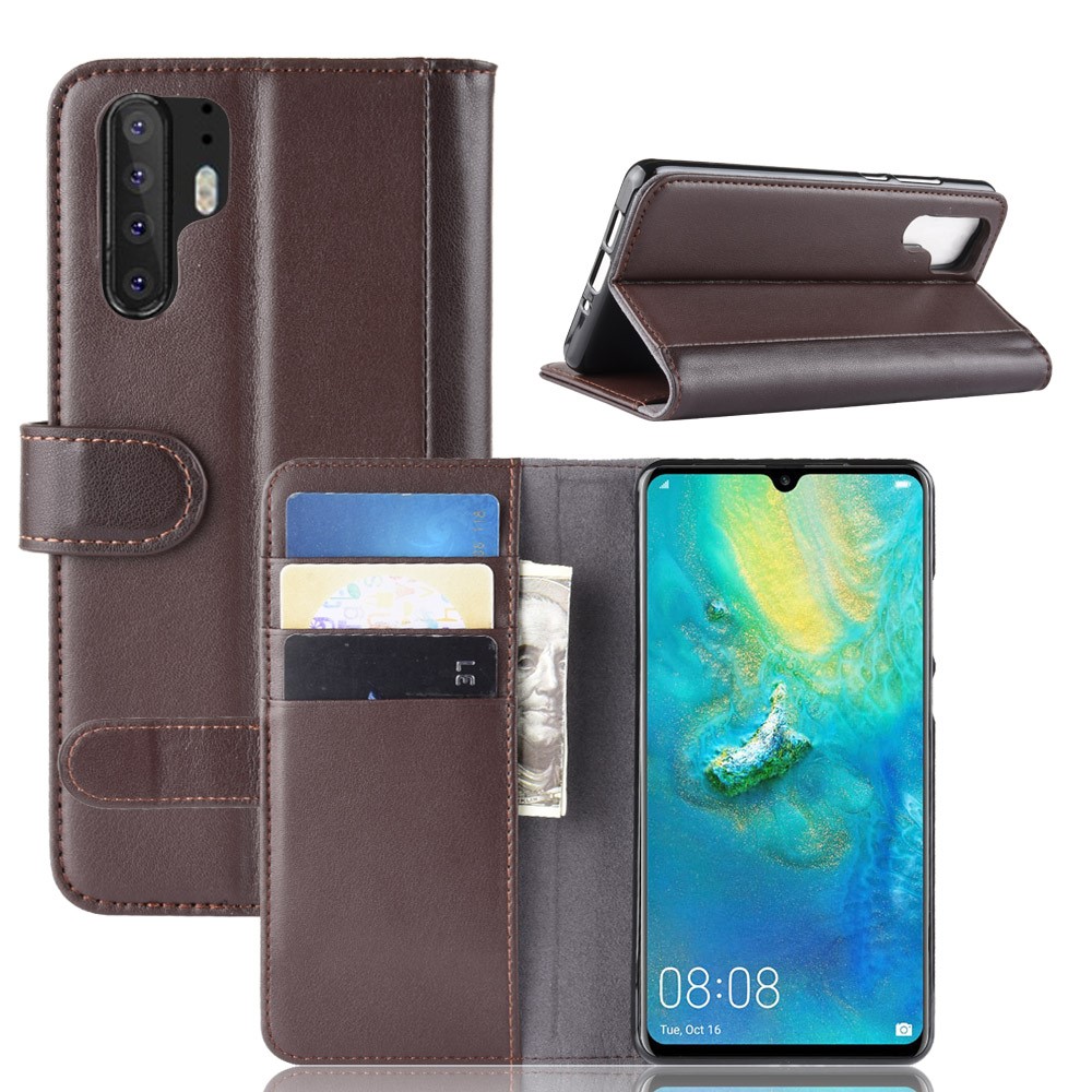 Genuine Split Leather Wallet Stand Cell Phone Cover for Huawei P30 Pro - Brown-1