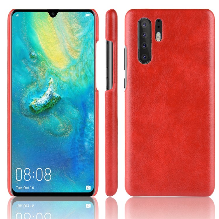 Case de Plástico Duro Recubierto de Cuero de Piel Litchi Para Huawei P30 Pro - Rojo