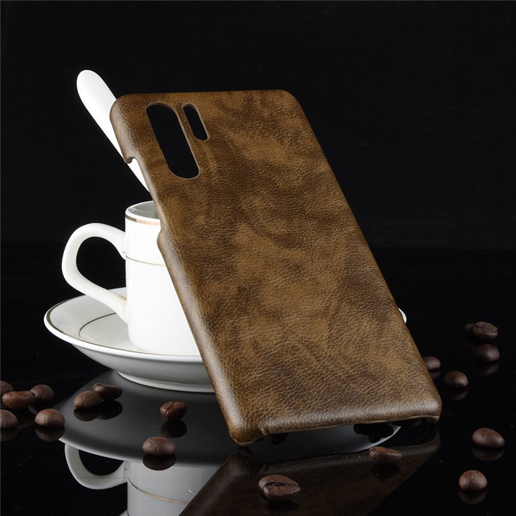 Litchi Skin Leather Coated Hard PC Case Cover for Huawei P30 Pro - Coffee-2