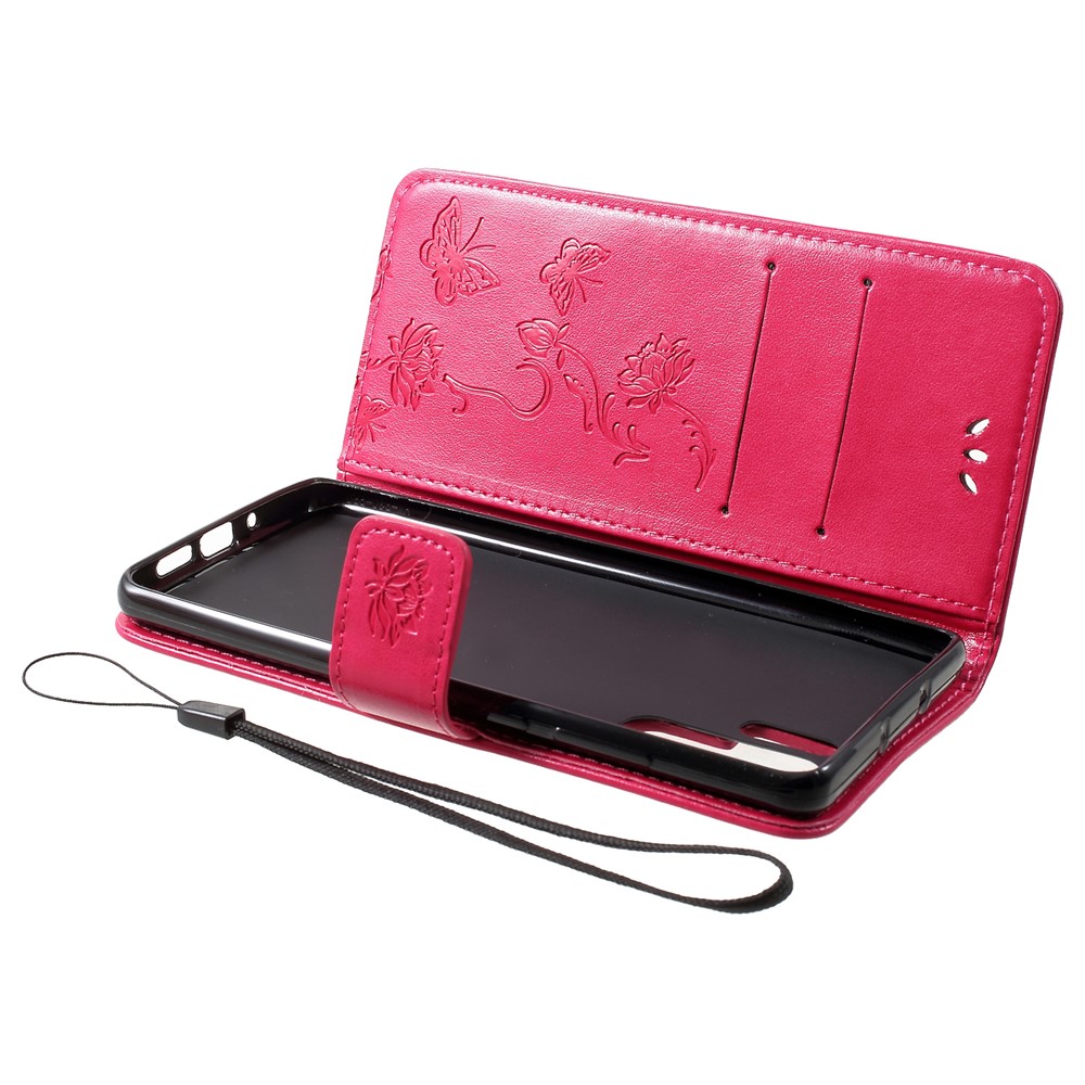 Imprint Butterfly Flower Wallet Stand Leather Cellphone Case for Huawei P30 Pro - Red-5