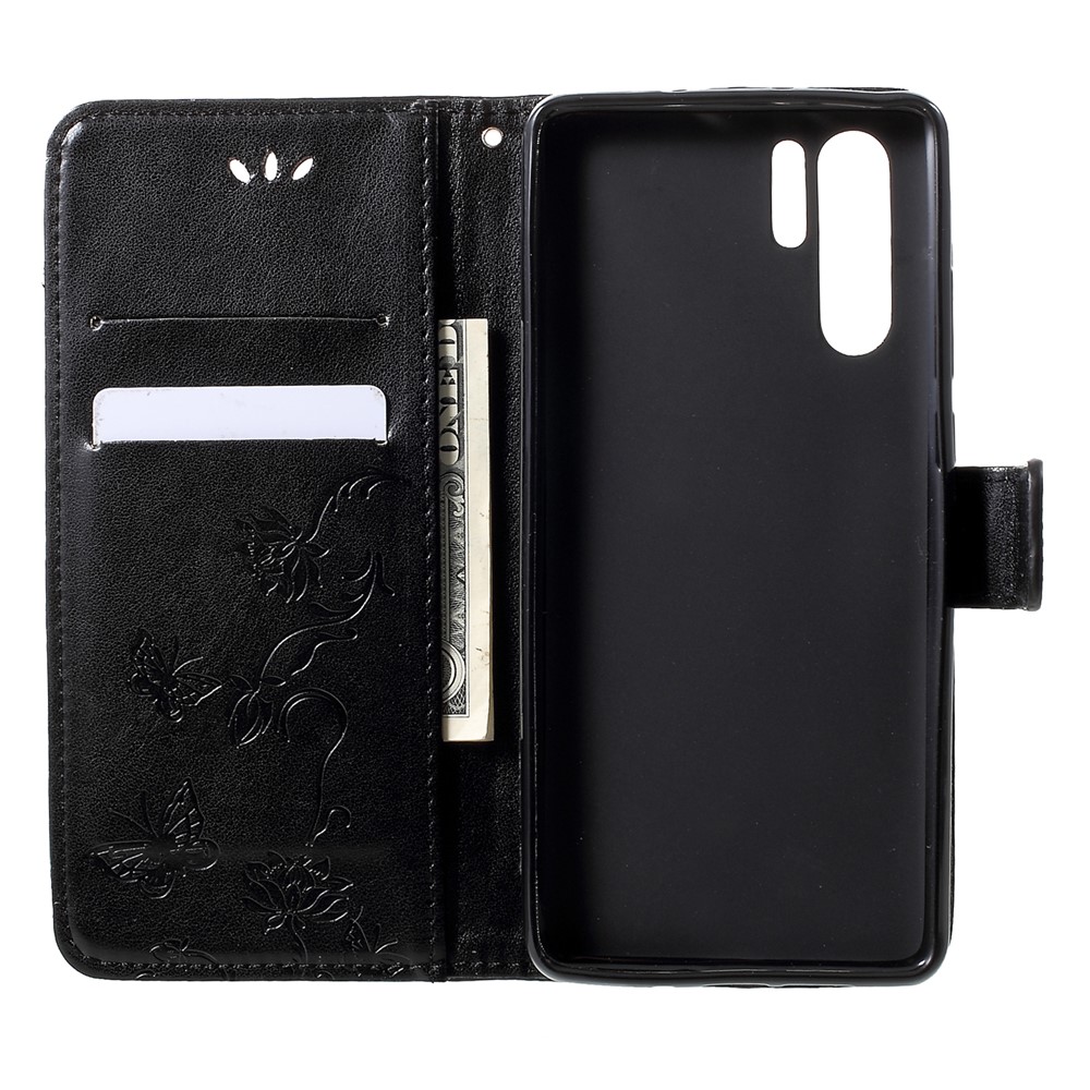 Imprint Butterfly Flower Wallet Stand Leather Cellphone Cover for Huawei P30 Pro - Black-5