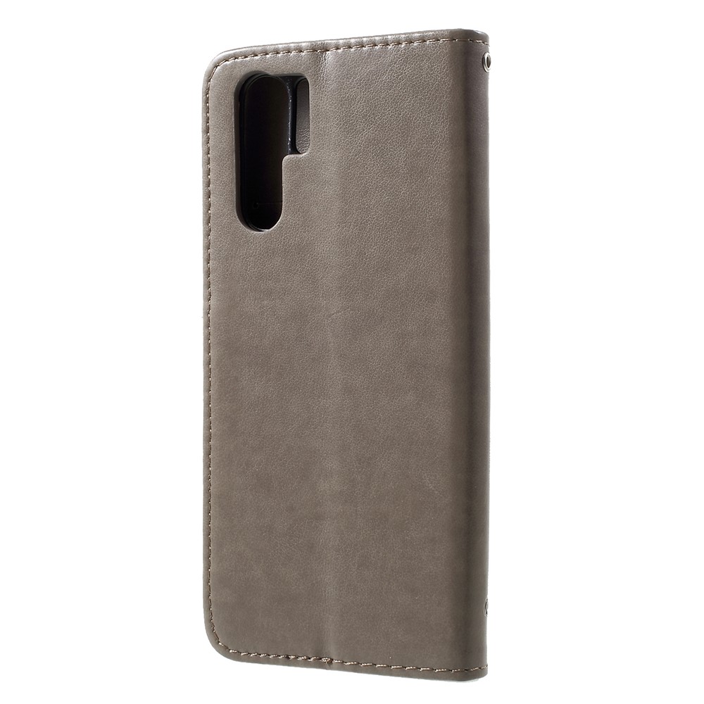 Empreinte Papillon Portefeuille de Fleur de Support Coque de Téléphone Portable en Cuir Pour Huawei P30 Pro - Gris