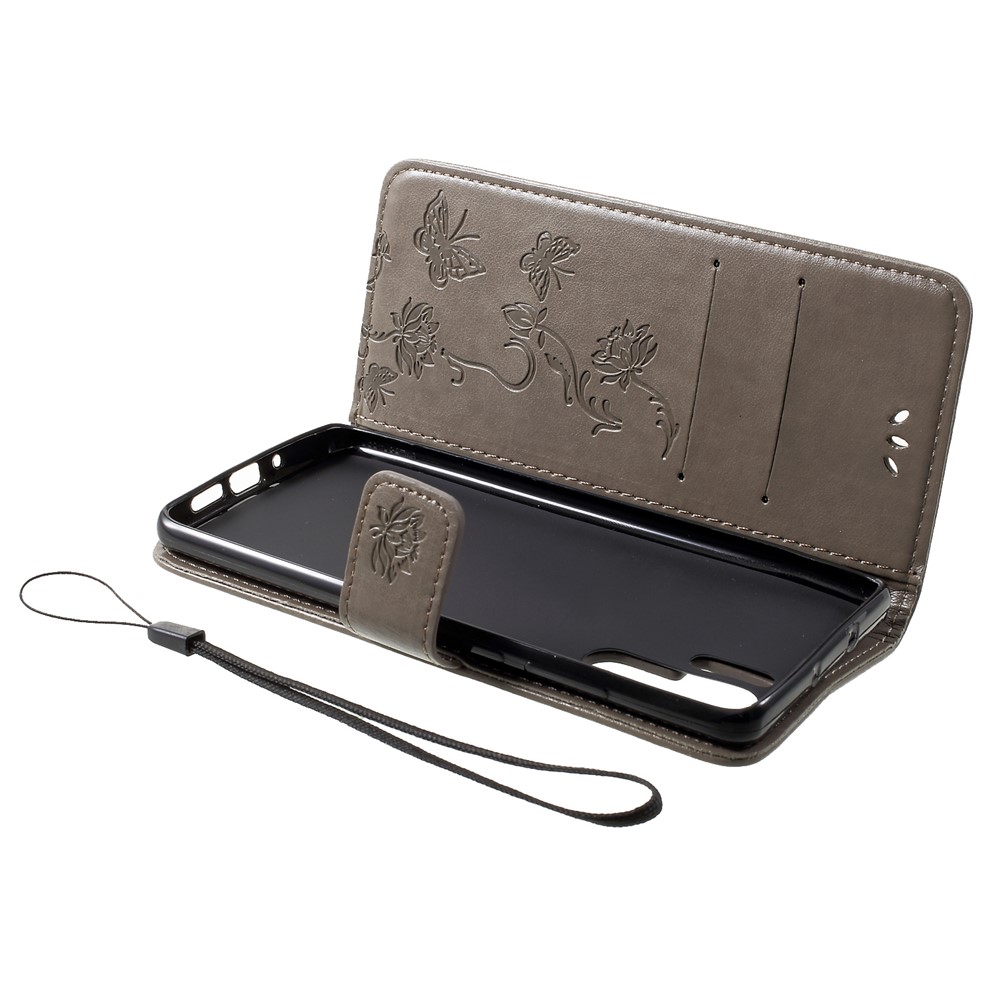 Imprint Butterfly Flower Wallet Stand Leather Cellphone Shell for Huawei P30 Pro - Grey-5