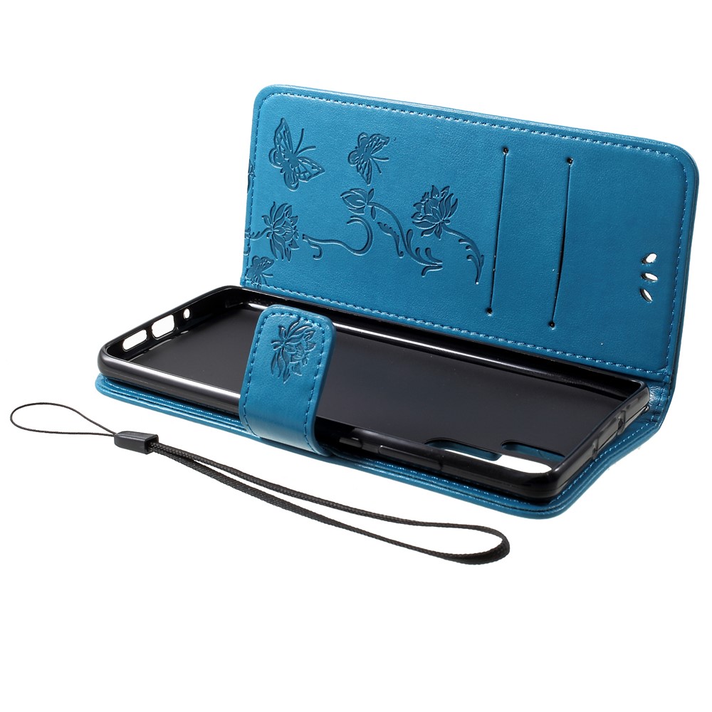 Imprint Butterfly Flower Wallet Stand Leather Accessory Case for Huawei P30 Pro - Blue-5