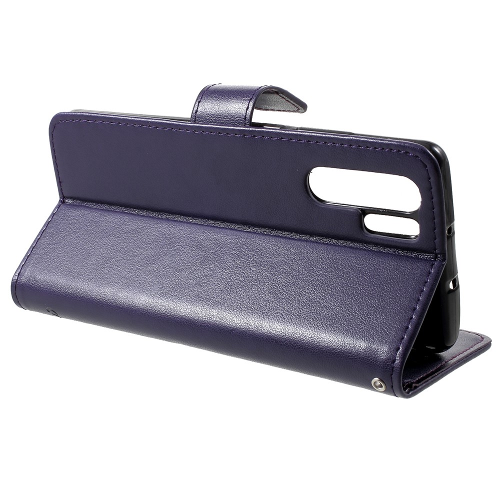 Imprint Butterfly Flower Wallet Stand Leather Cell Phone Cover for Huawei P30 Pro - Dark Purple-4