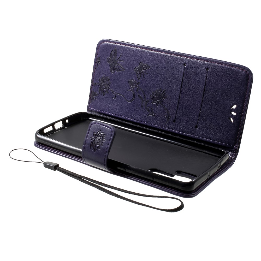 Imprint Butterfly Flower Wallet Stand Leather Cell Phone Cover for Huawei P30 Pro - Dark Purple-5