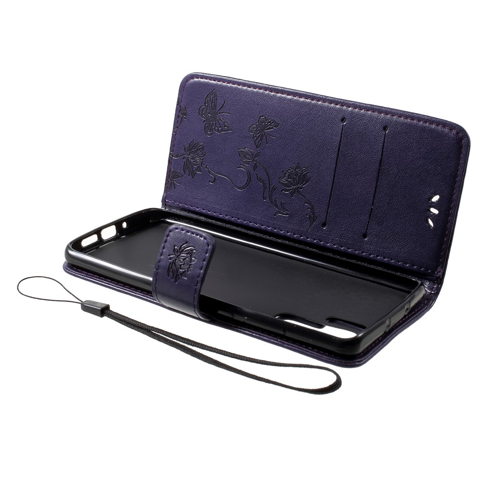 Empreinte Papillon Portefeuille de Fleurs de Support de Téléphone en Cuir Couvercle de Téléphone Pour Huawei P30 Pro - Violet Foncé-5