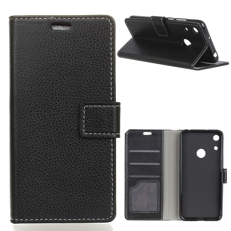 Litchi Grain Wallet Stand Leather Cell Phone Case for Huawei Honor 8A - Black-1