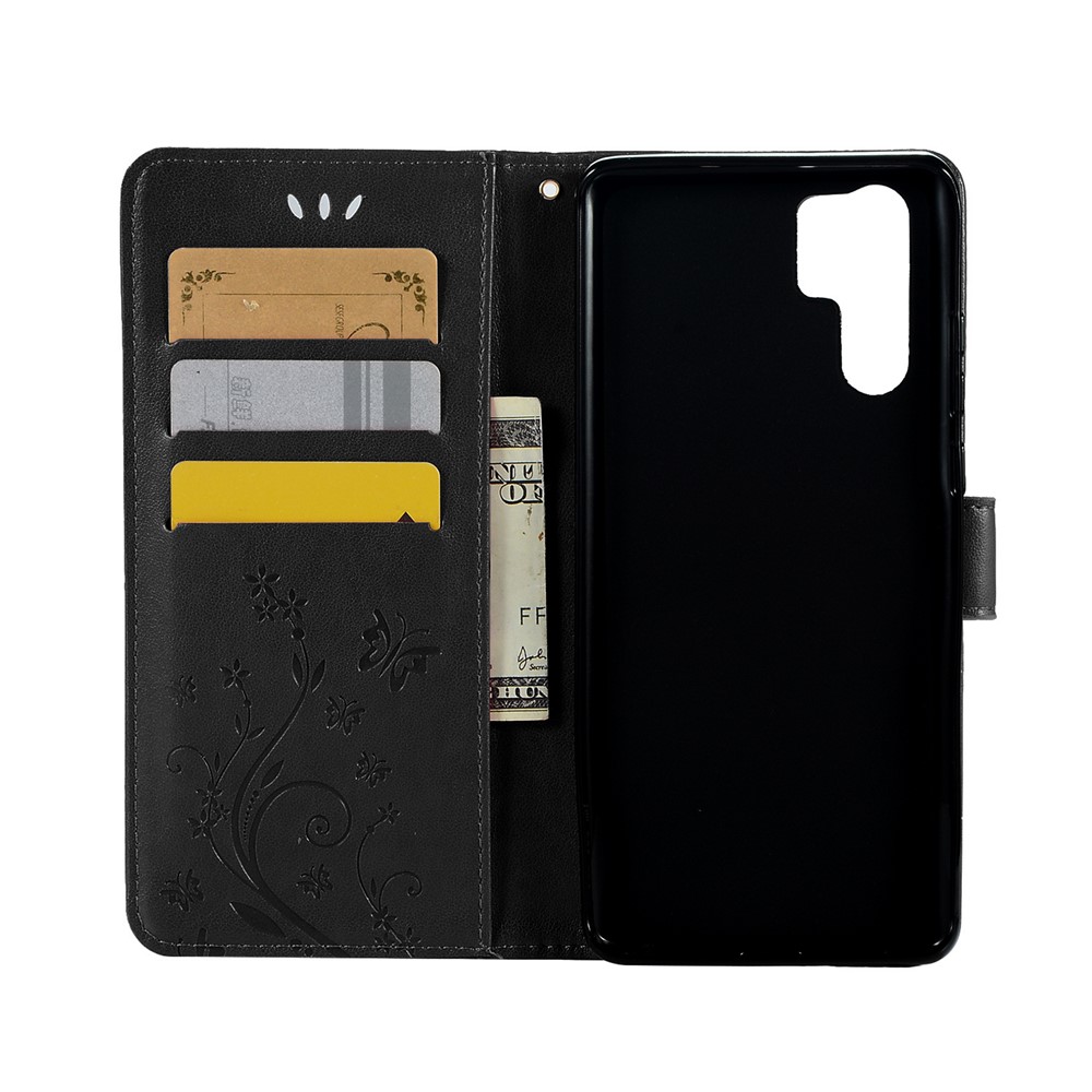 Imprint Butterfly Flower Stand Leather Wallet Casing for Huawei P30 Pro - Black-3
