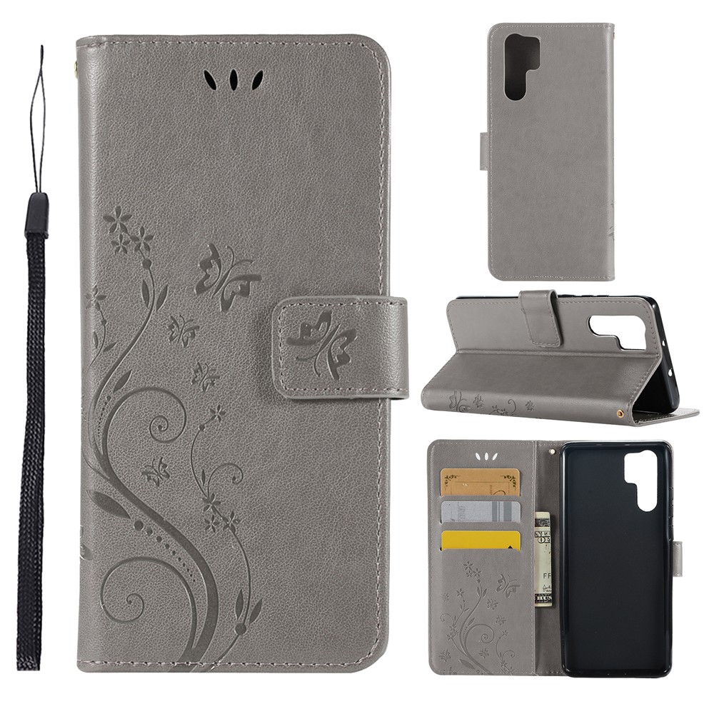 Imprint Butterfly Flower Stand Leather Wallet Case for Huawei P30 Pro - Grey-1