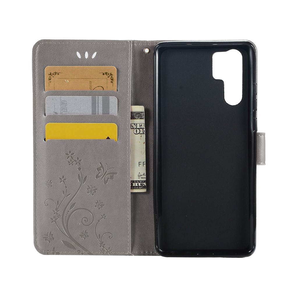 Imprint Butterfly Flower Stand Leather Wallet Case for Huawei P30 Pro - Grey-3