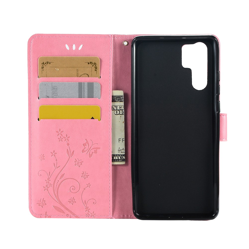 Empreinte Papillon de Fleur de Fleur Coque en Cuir Pour Huawei P30 Pro - Rose