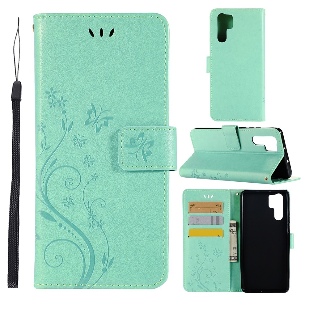 Imprint Butterfly Flower Stand Leather Cellphone Case for Huawei P30 Pro - Cyan-1