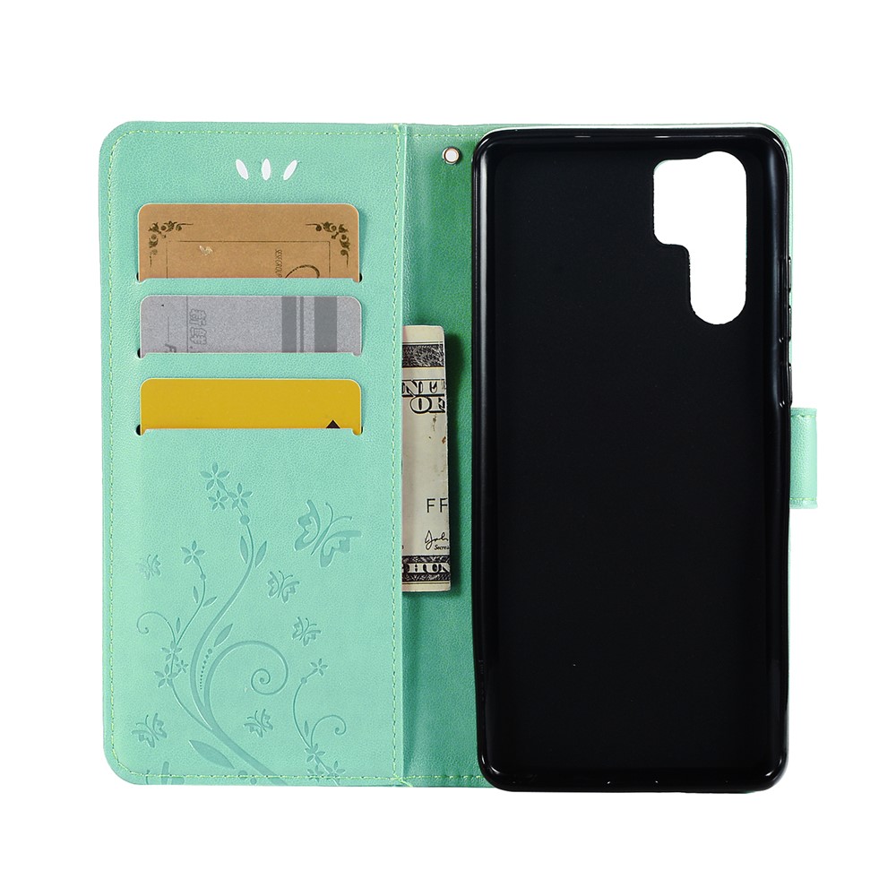 Imprint Butterfly Flower Stand Leather Cellphone Case for Huawei P30 Pro - Cyan-3