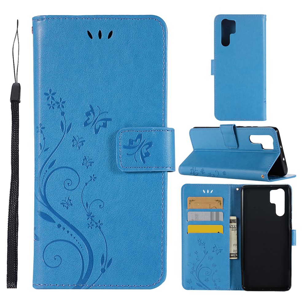 Imprint Butterfly Flower Stand Leather Wallet Phone Cover for Huawei P30 Pro - Blue-1