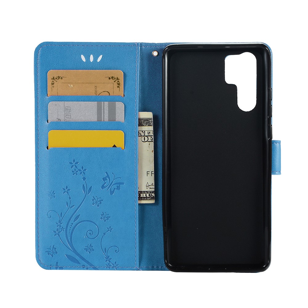Imprint Butterfly Flower Stand Leather Wallet Phone Cover for Huawei P30 Pro - Blue-3