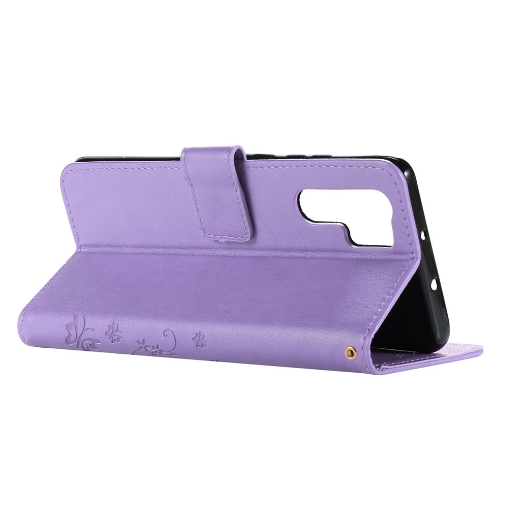Imprint Butterfly Flower Stand Leather Wallet Cellphone Cover for Huawei P30 Pro - Light Purple-3