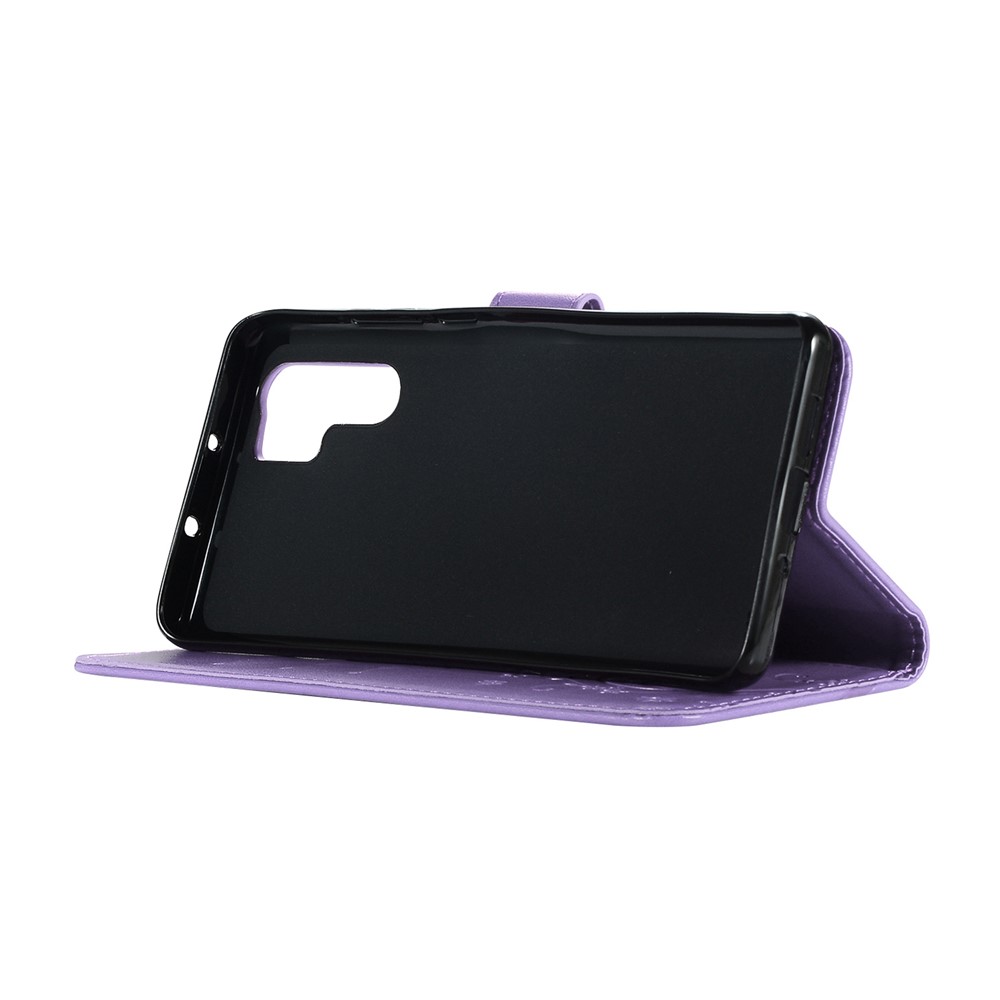 Imprint Butterfly Flower Stand Leather Wallet Cellphone Cover for Huawei P30 Pro - Light Purple-4