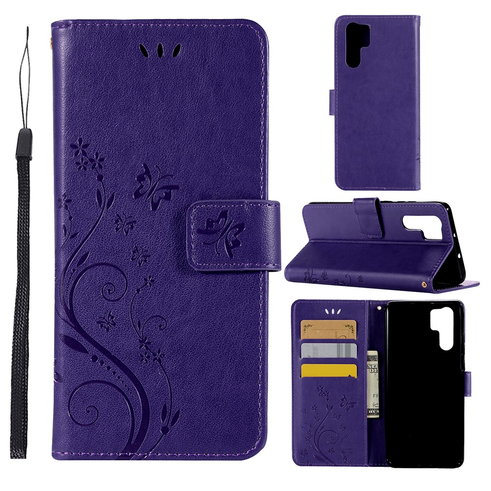 Imprint Butterfly Flower Stand Leather Wallet Phone Cover for Huawei P30 Pro - Dark Purple-1