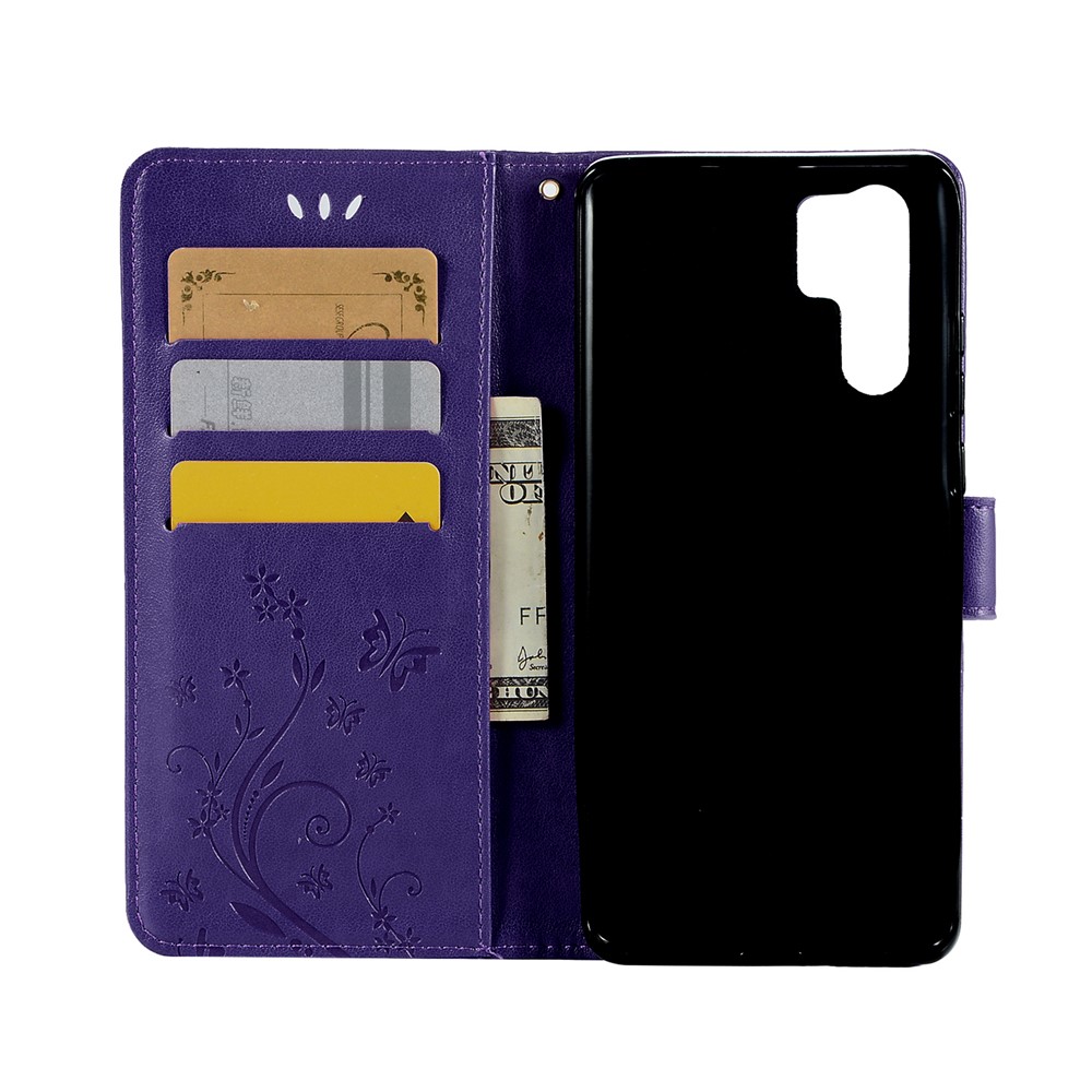 Imprint Butterfly Flower Stand Leather Wallet Phone Cover for Huawei P30 Pro - Dark Purple-3