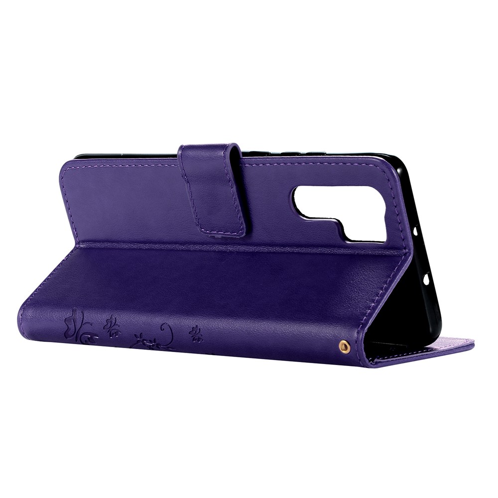 Imprint Butterfly Flower Stand Leather Wallet Phone Cover for Huawei P30 Pro - Dark Purple-4