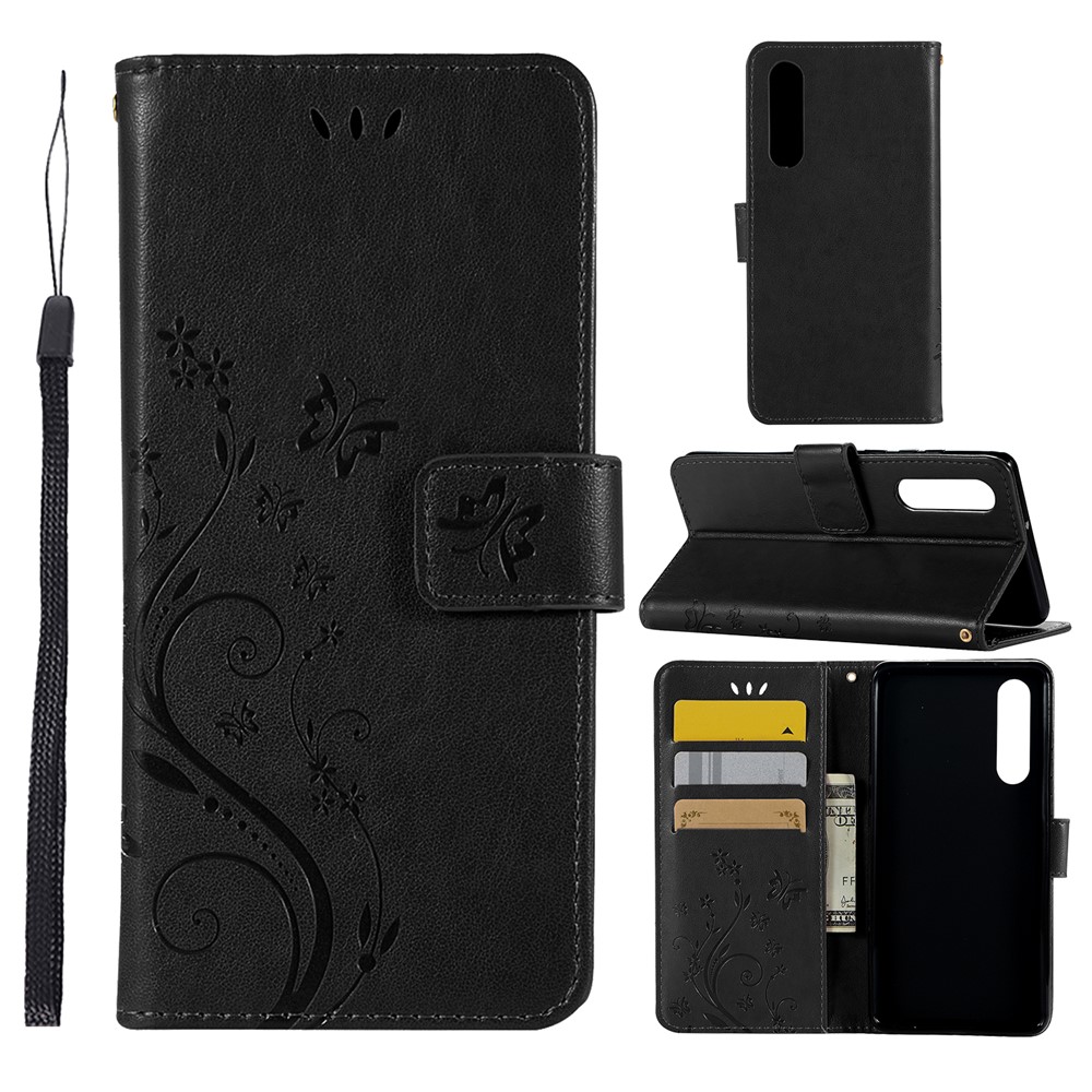 For Huawei P30 Imprint Butterfly Flower Leather Wallet Case with Strap - Black-1