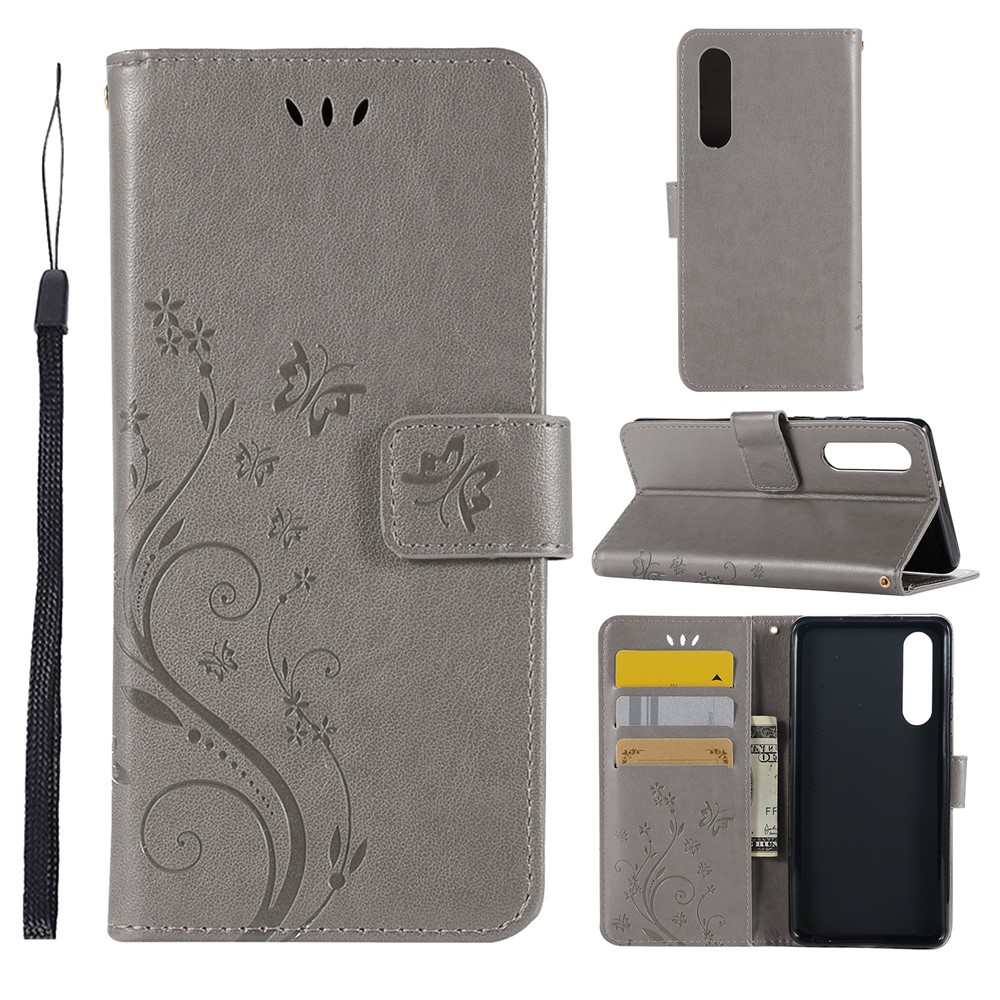 For Huawei P30 Imprint Butterfly Flower Leather Stand Phone Cover - Grey-1