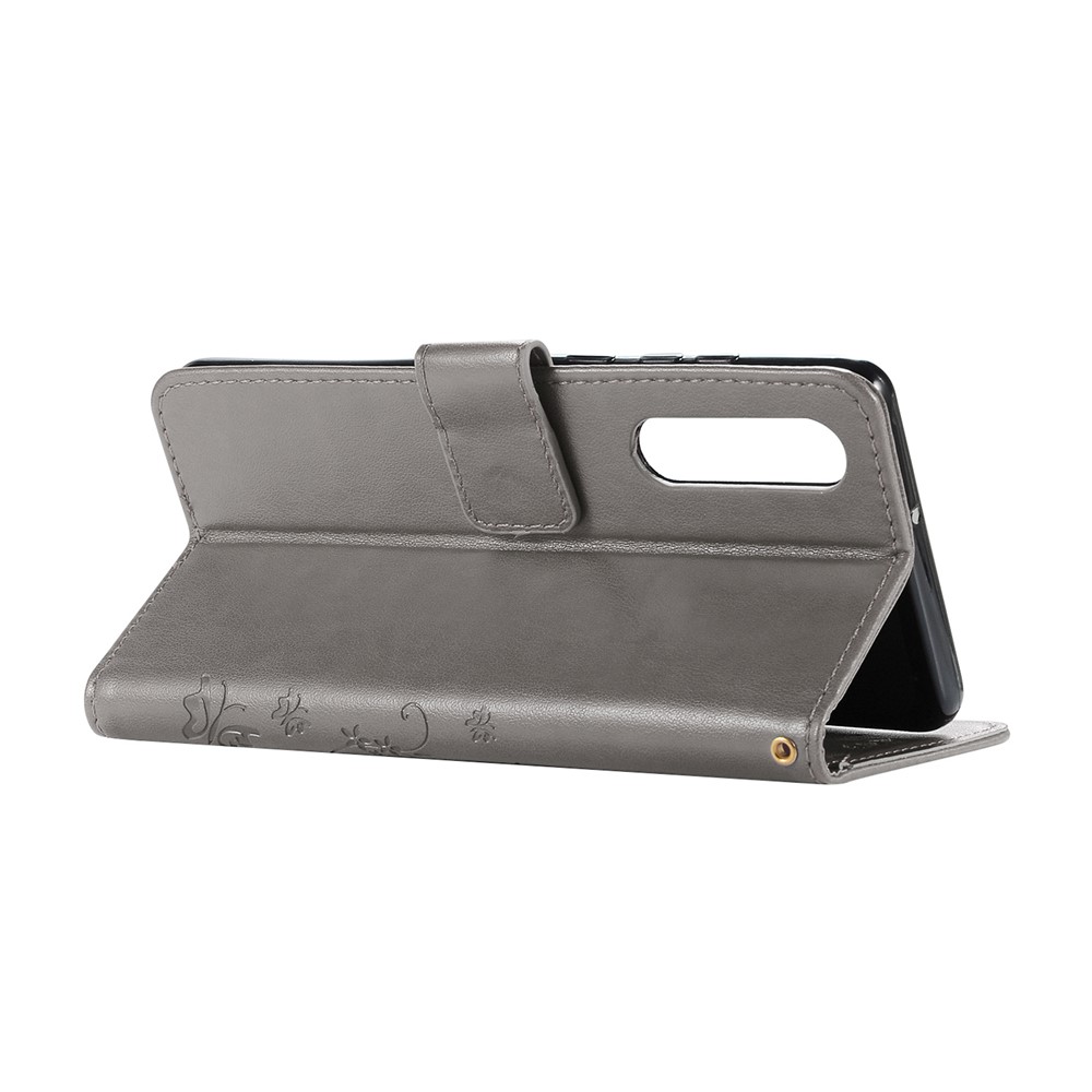 For Huawei P30 Imprint Butterfly Flower Leather Stand Phone Cover - Grey-4