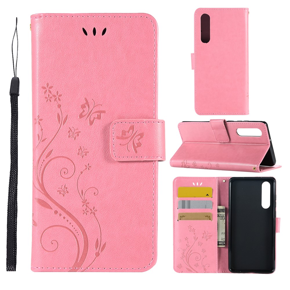 For Huawei P30 Imprint Butterfly Flower Leather Magnetic Phone Casing - Pink-1
