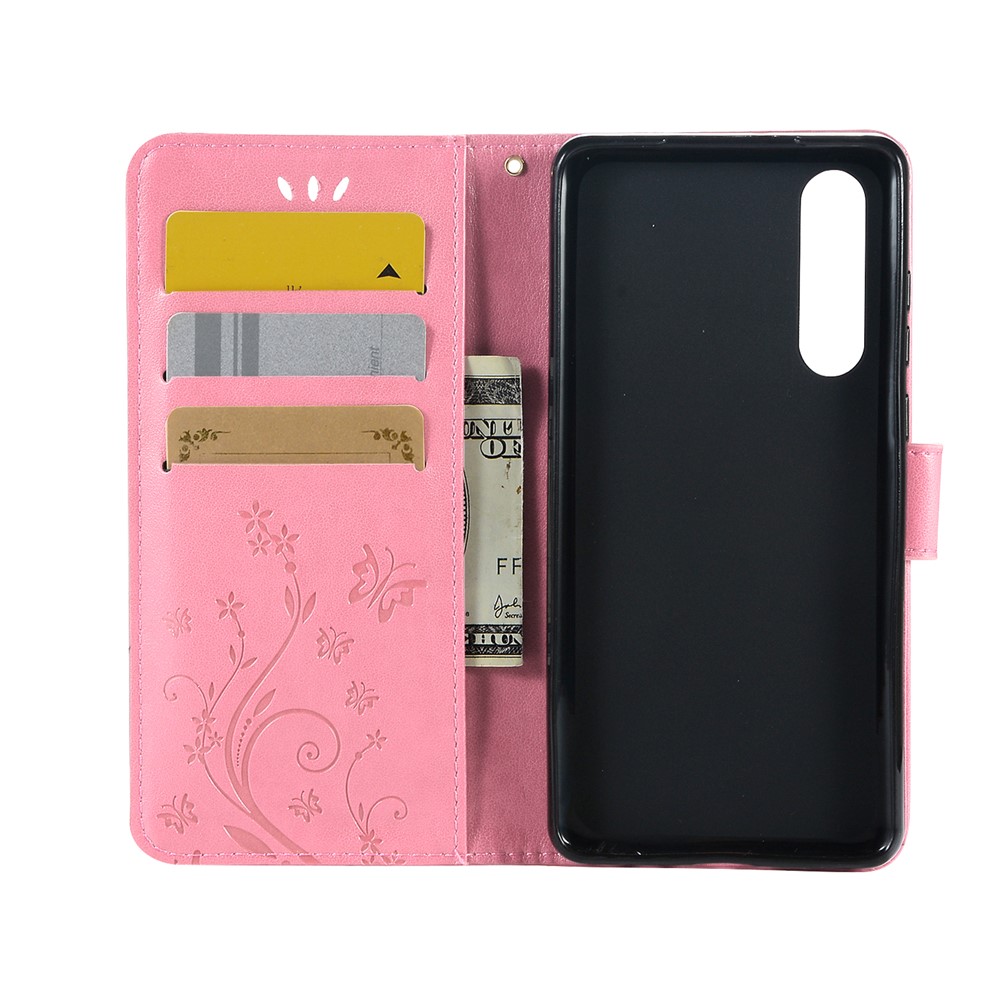 For Huawei P30 Imprint Butterfly Flower Leather Magnetic Phone Casing - Pink-3